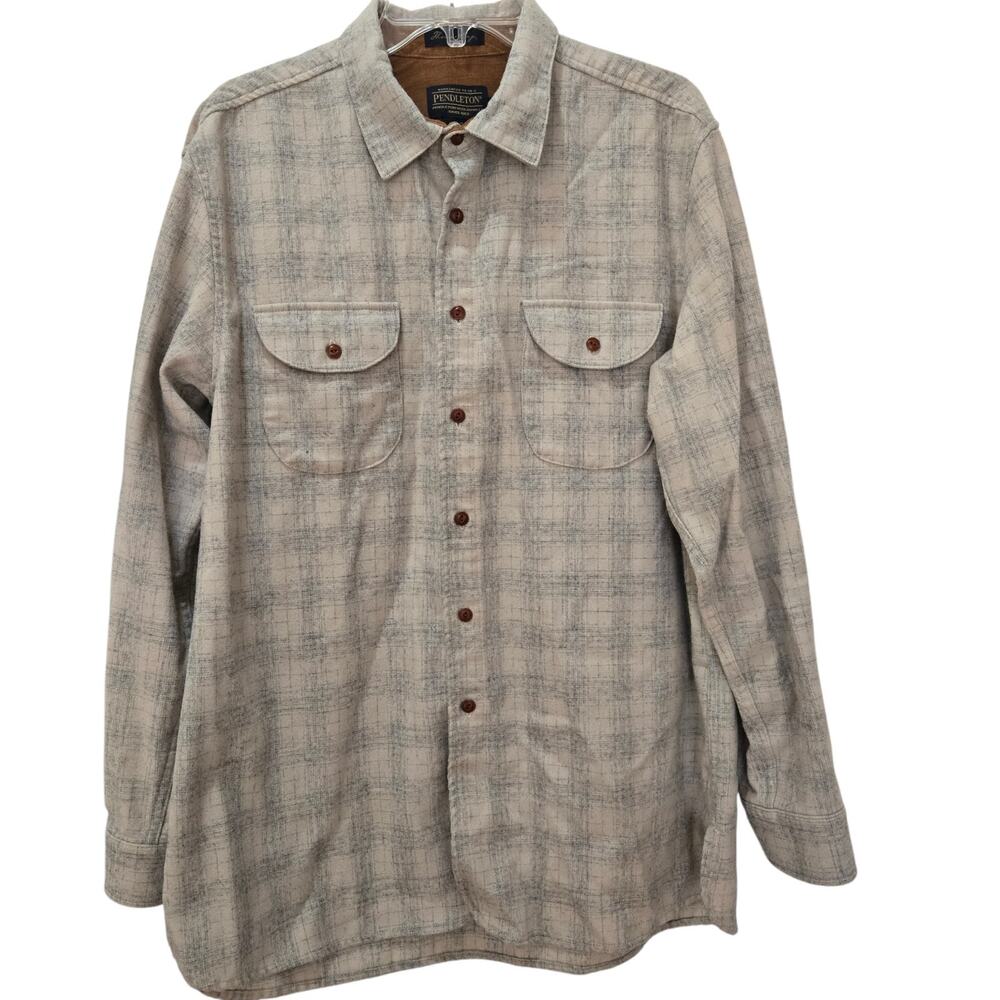 Pendleton Thomas Kay Shirt Men's Button Down size XL 100% Wool Gray Cream Plaid
